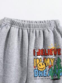 Young Boy Cartoon Printed Warm Round Neck Sweatshirt And Pants Set - Grey - View 4