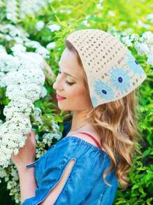 1 pieza Vincha/pañuelo de cabeza de crochet con diseño de flor vintage para mujer, pañuelo de cabeza bohemio, estilo artístico y dulce triángulo bandana - Multicolor - Ver 4