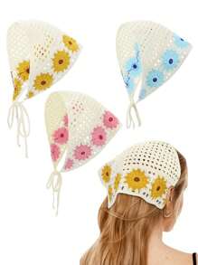 1 pieza Vincha/pañuelo de cabeza de crochet con diseño de flor vintage para mujer, pañuelo de cabeza bohemio, estilo artístico y dulce triángulo bandana - Multicolor - Ver 1