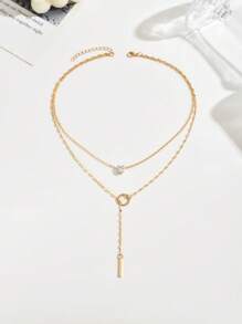 1pc Gold Y-Shaped Design Layered Necklace, Details Decorated With Rhinestones & Faux Pearl, Suitable For Daily Wear By Women, Friendship Gifts, Banquet Parties(Handmade Chain Cut To Size, Variable Number Of Pearls, Variable Size Of Rhinestones)