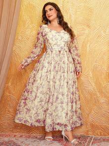 Plus Ditsy Floral Flounce Sleeve Chiffon Dress - Purple - View 5