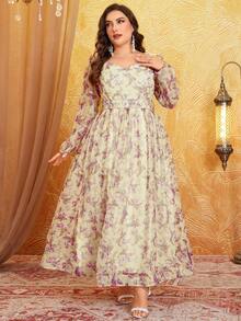 Plus Ditsy Floral Flounce Sleeve Chiffon Dress - Purple - View 4