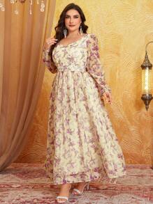 Plus Ditsy Floral Flounce Sleeve Chiffon Dress - Purple - View 3