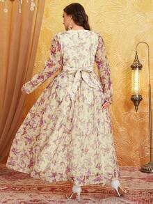 Plus Ditsy Floral Flounce Sleeve Chiffon Dress - Purple - View 2