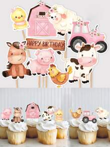 16/24pcs Farm Party Theme Paper Cupcake Toppers, Farm Themed Centerpieces, 4-Inch Farm Animal Cutouts, Farm Animal Decorations, Cupcake Decorations, Tabletop Decorations For Party Favors, Back To School Valentine Day