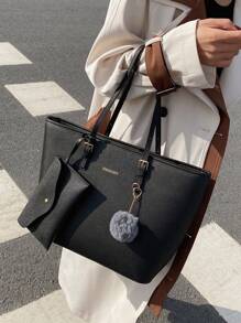 1 pieza Bolso de hombro tipo tote de PU de unicolor con diseño de gran capacidad - Negro - Ver 3