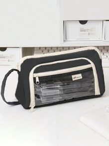 1pc Large Capacity Clear Macaron Portable Transparent Stationery Pen Bag, Fabric Convenient Multi-Layer Desktop Stationery Storage Bag, Can Be Used To Store Pen Ruler Notes, Etc., Campus Series Zipper Large Opening Multi-Functional Pencil Case Cosmetics Storage Bag,Pencil Pouch,School Bag