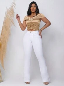 Kit Wide Leg Boca de Sino Pantalona Leve Jeans Empina Bumbum Country Feminino Modeladora Cintura Alta - Branco e Delave - Visão 7