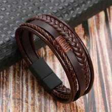1pc Men's Bracelet, Fashionable Leather Cord, PU Leather Material, Handmade Braided, Christmas, New Year, Valentine's Day Gifts - Brown - View 2