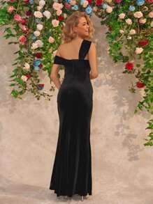 Asymmetrische hals hoge split sexy fluwelen zwangerschapsjurk elegante jurk, voor feest