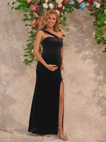 Asymmetrische hals hoge split sexy fluwelen zwangerschapsjurk elegante jurk, voor feest