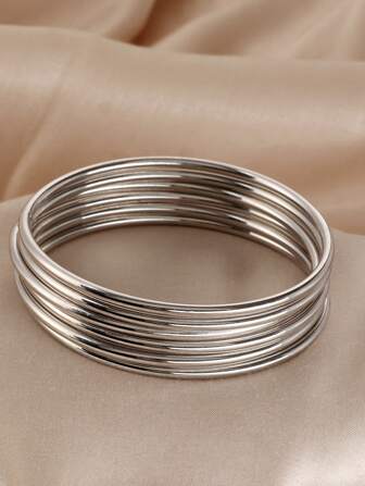 6-delat set med eleganta silverfärgade stapelbara armband för kvinnor - Vintage- och minimalistisk stil, tillverkade i järn, perfekt för vardagsbruk
