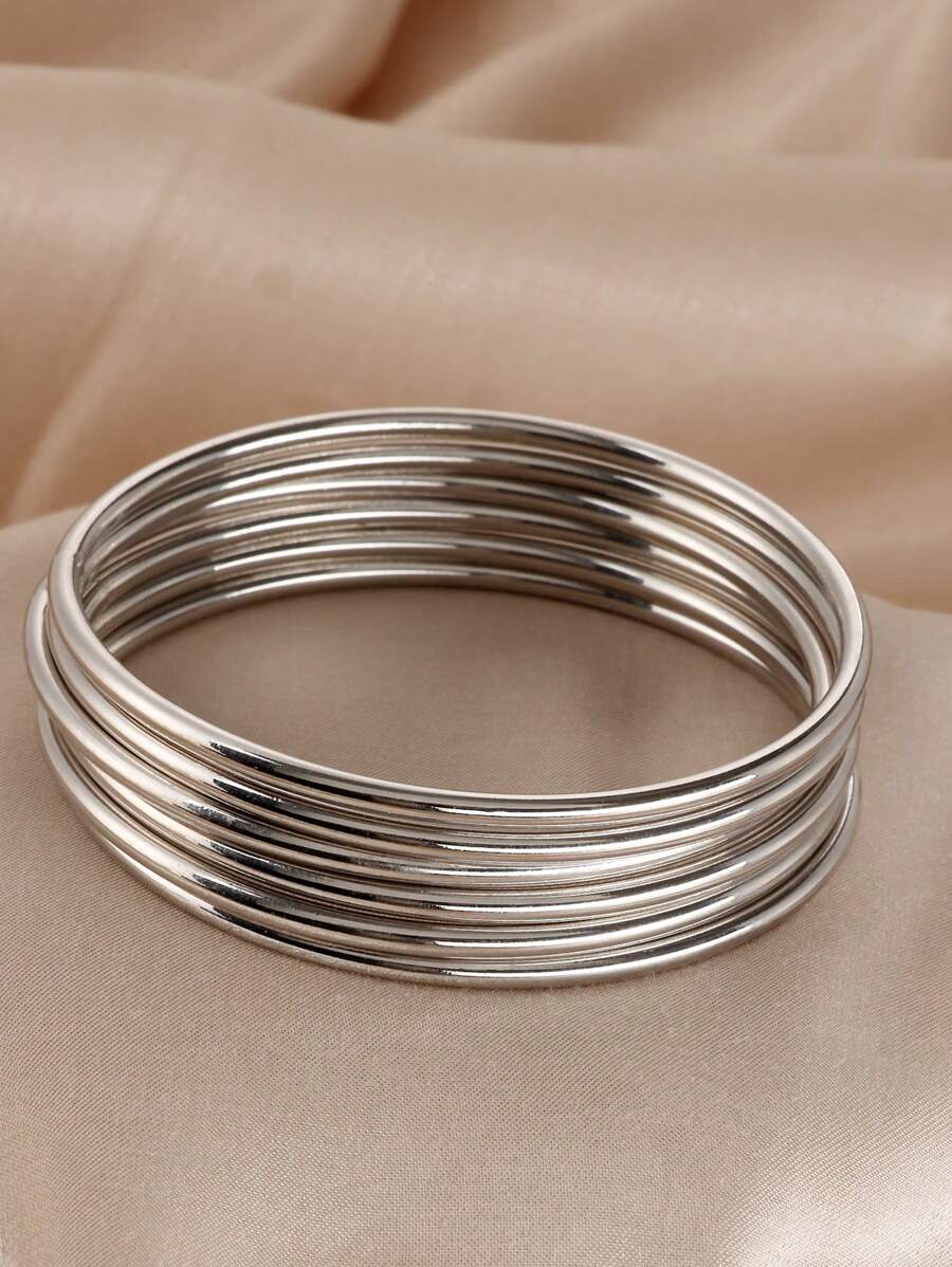 3/6/10pcs Set Fashionable Gold/Silver Stacked Bracelets For Women - Vintage Minimalist Style, Iron Material, Perfect For Daily Wear (Note: Size Is Relatively Large, Please Choose According To Your Needs) - Silver - View 1