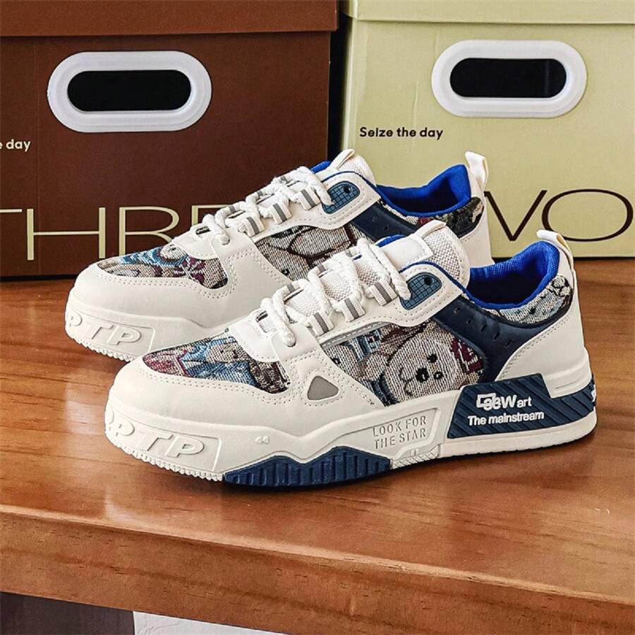 男士拼色休閒鞋，厚底綁帶運動鞋，多功能戶外旅行鞋，防滑透氣運動鞋，帶有熊貓貼補 - 米色 - 查看 1