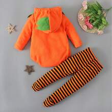 Baby Boy Halloween Pumpkin Face Print Hooded Bodysuit With Striped Pants, Spring Autumn, For Halloween Party - Orange - View 2