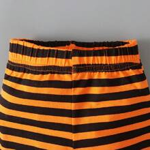 Baby Boy Halloween Pumpkin Face Print Hooded Bodysuit With Striped Pants, Spring Autumn, For Halloween Party - Orange - View 6
