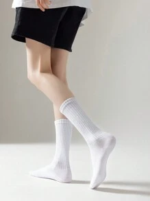 1 Pair Women's Sweet Dopamine Themed Color-Blocking Mid-Calf Socks, Casual And Versatile For Spring/Summer (No Card) - White - View 2