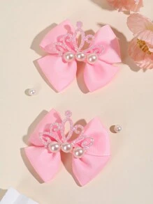 2 件装幼儿女孩蝴蝶结发夹、闪亮皇冠和人造珍珠装饰发夹、粉色缎带鳄鱼夹、儿童发饰、儿童礼物 - 粉色 - 查看 5