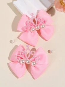 2 件装幼儿女孩蝴蝶结发夹、闪亮皇冠和人造珍珠装饰发夹、粉色缎带鳄鱼夹、儿童发饰、儿童礼物 - 粉色 - 查看 2