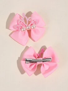 2 件装幼儿女孩蝴蝶结发夹、闪亮皇冠和人造珍珠装饰发夹、粉色缎带鳄鱼夹、儿童发饰、儿童礼物 - 粉色 - 查看 3