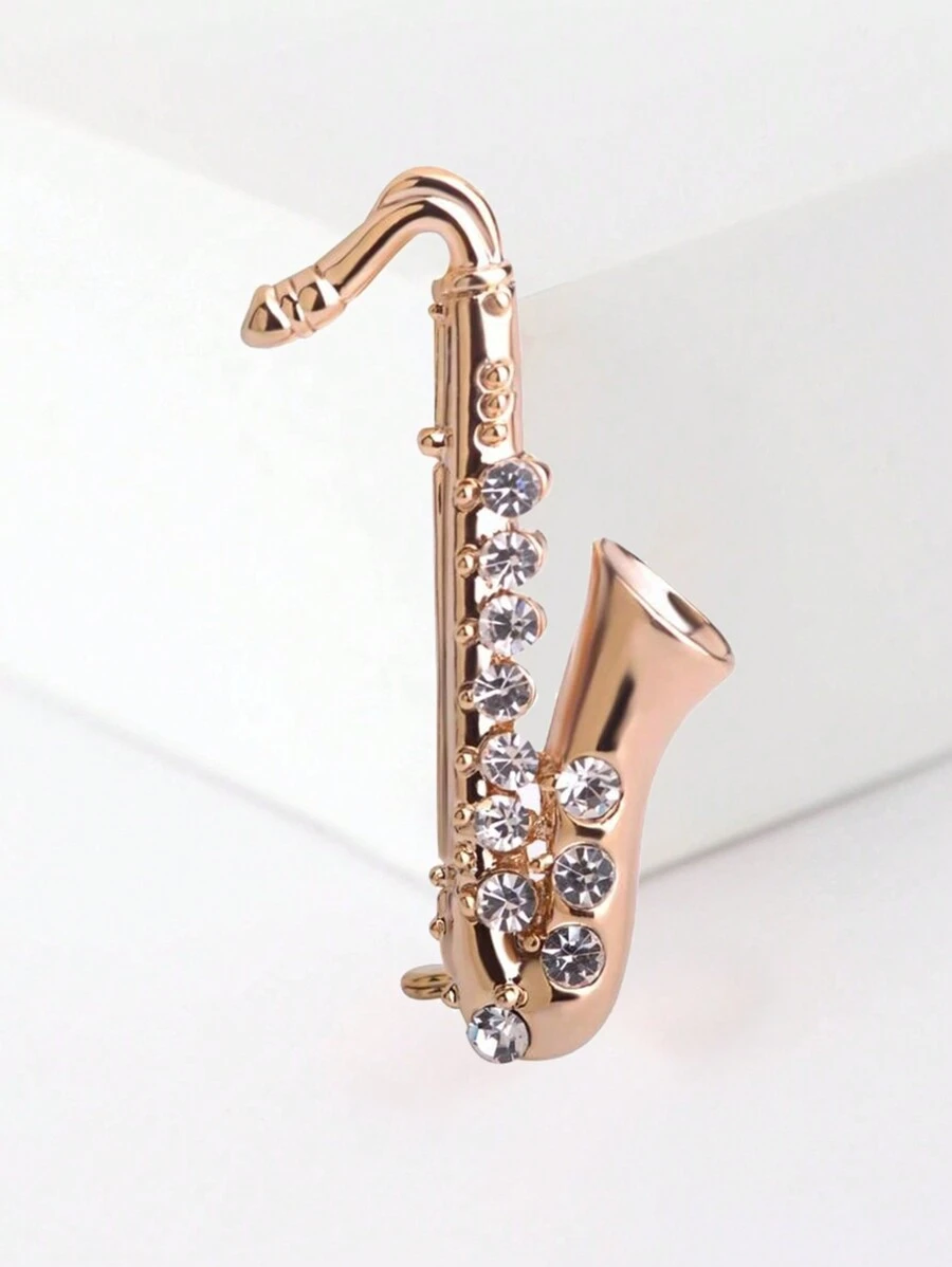 1 Peça Novo Broche com formato de Saxofone, alfinete de lapela de cristal para acessório de trajes de músicos - Dourado - Visão 1
