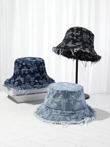 1pc Retro Butterfly Design Distressed Fringe Bucket Hat, Ladies Fashion Sun Protection Wide Brim Casual Cap - A - View 7