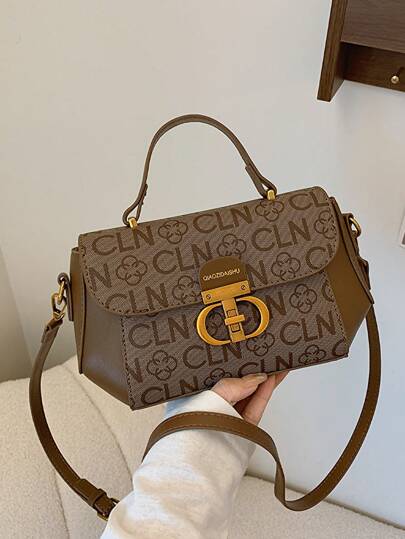 1pc Letter Print Hardware Decorated Shoulder Bag, Stylish Texture Women's Bag, New For Spring/Summer 2024, With Lock Buckle, Suitable For Teenage Girls, Female College Students, White-Collar Workers, Suitable For Office, School, Work, Business, Commute, Outdoors, Travel, Outing, Bag For Women Elegant