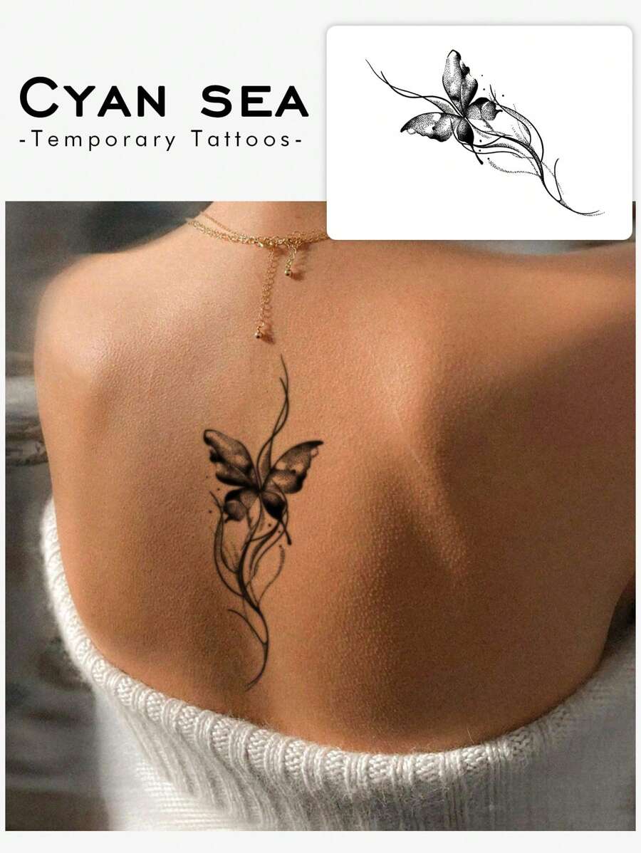 1pc Waterproof, Sweatproof, Washable, Non-Reflective Temporary Tattoo Sticker With PVC Material, Featuring An Elegant Black Butterfly Design, Suitable For Fashion Leader - Black - View 1