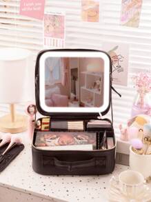 带灯镜的化妆包旅行化妆箱 - 3 色 LED 灯镜，亮度可调 - 防水皮革 - 可调节隔层 - 刷子收纳袋 PU 皮革化妆品收纳袋化妆品收纳袋迷你袋旅行小化妆盒配件化妆架刷子袋化妆容器化妆包旅行必需品女士配件旅行用品化妆包化妆包化妆包 - 黑與白 - 查看 2
