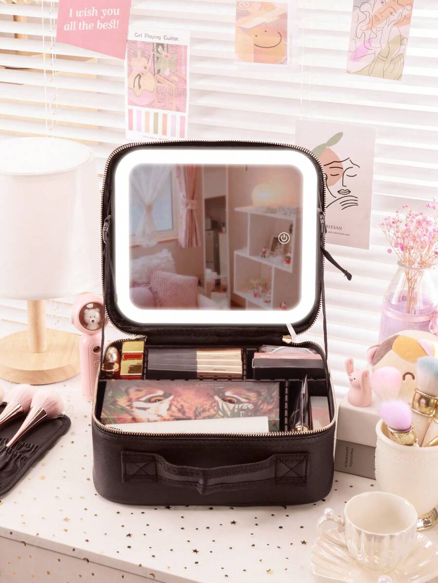 带灯镜的化妆包旅行化妆箱 - 3 色 LED 灯镜，亮度可调 - 防水皮革 - 可调节隔层 - 刷子收纳袋 PU 皮革化妆品收纳袋化妆品收纳袋迷你袋旅行小化妆盒配件化妆架刷子袋化妆容器化妆包旅行必需品女士配件旅行用品化妆包化妆包化妆包