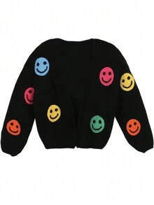 Cárdigan de punto jacquard con manga larga y estampado de cara sonriente para mujer, otoño/invierno - Multicolor - Ver 1