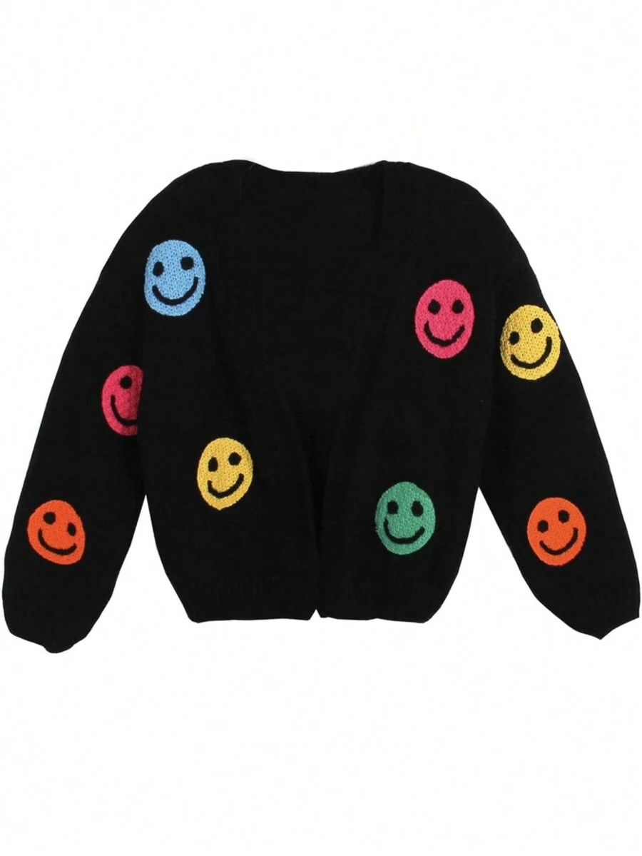 Cárdigan de punto jacquard con manga larga y estampado de cara sonriente para mujer, otoño/invierno - Multicolor - Ver 1