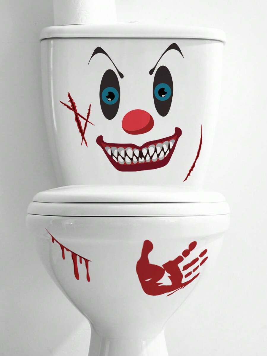 1 件万圣节装饰恐怖表情图案贴纸自粘防水可移除 PVC 马桶盖装饰贴花乙烯基贴花、浴室装饰、浴室装饰、可移除贴纸 - 彩色 - 查看 1