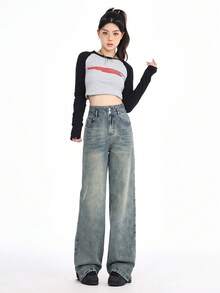 女款休閒時尚直筒牛仔褲，具有水洗效果和口袋設計 - 藍色 - 查看 3