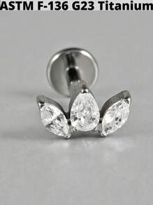 1 件马眼形锆石 G23 纯钛耳钉 16G 内螺纹三锆石螺旋 Cz 花形耳屏穿孔珠宝