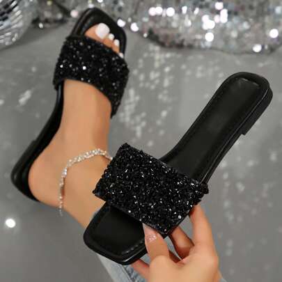 Women's Summer Beach Slippers, Rhinestones, Casual Fashion Slippers, Square Open Toe Flat Sandals, Indoor And Outdoor Valentines