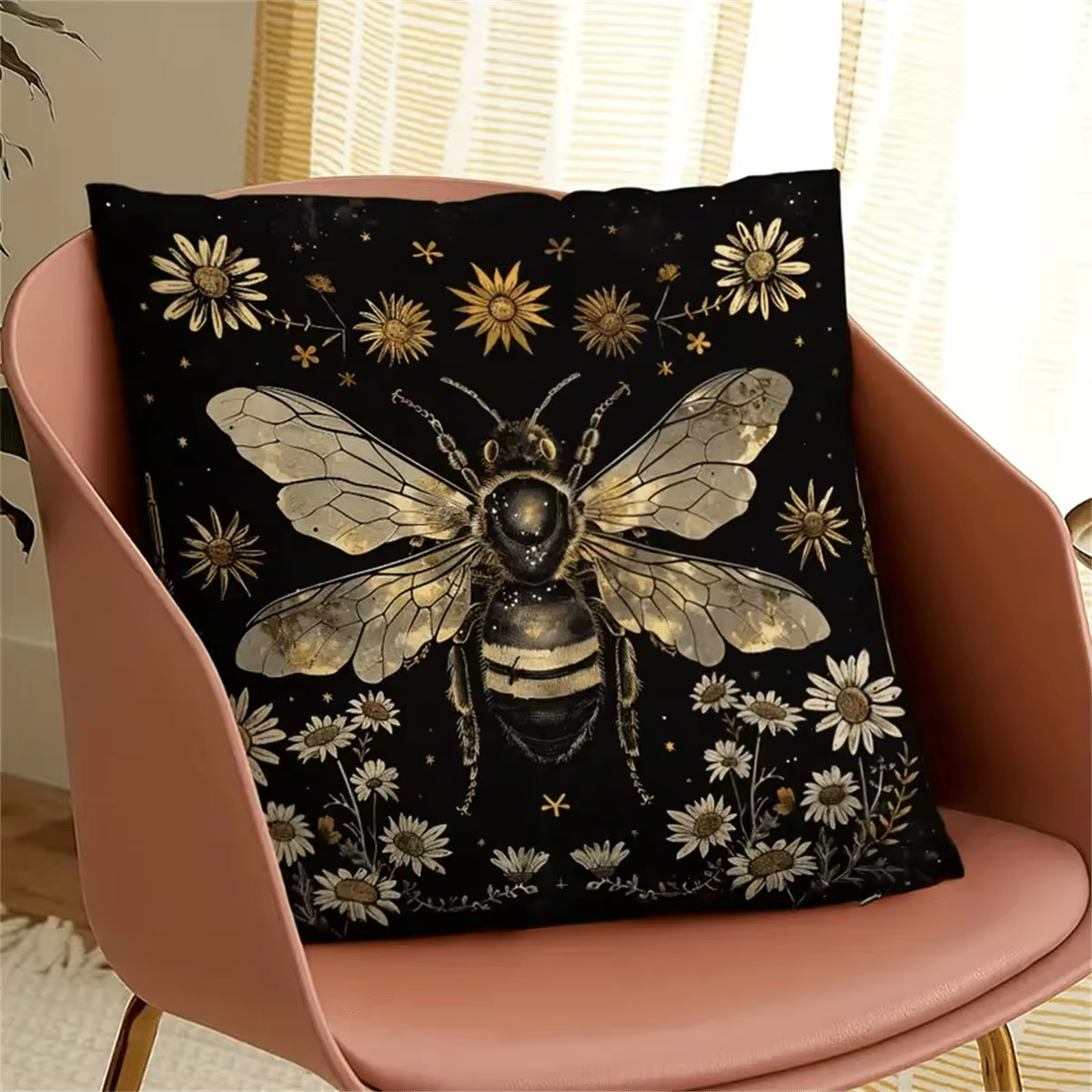 4pcs, Luxurious Vintage Celestial Pattern Decorative Pillowcase - Zipper Closure, 100% Polyester, Moon Phase & Floral Print, Occult Butterfly & Bee Design - Ideal For Sofa, Bed, Car, Living Room Decoration - 4 Pcs - View 4