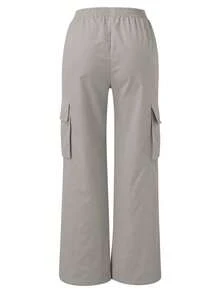 Pantalones de mujer Pantalones anchos rectos de cintura alta holgados con bolsillos Pantalones de moda versátiles - Gris Claro - Ver 5