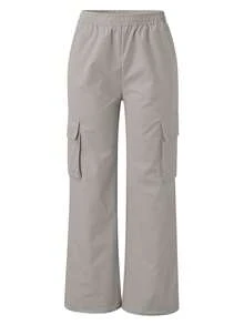 Pantalones de mujer Pantalones anchos rectos de cintura alta holgados con bolsillos Pantalones de moda versátiles - Gris Claro - Ver 4