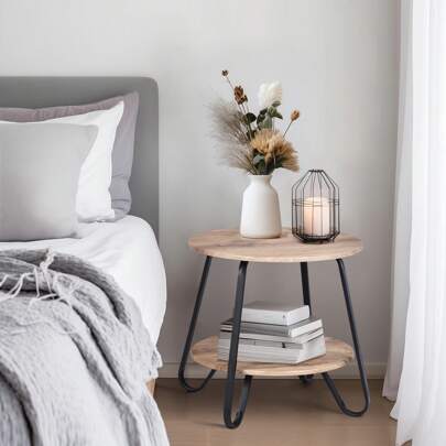 Meubles Cosy Okrągły stolik boczny designerskie końcówki sofy z 2 poziomami skandynawski stół na cokole meble do salonu do salonu, sypialni z drewna, solidna stalowa rama, 46x40,5x45cm