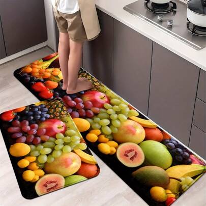 1 pieza Alfombra decorativa con estampado de frutas de colores creativos, suave, antideslizante y resistente a la suciedad, adecuada para uso diario en la cocina y el baño
