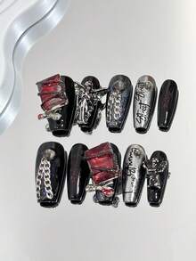 手绘压指甲，假指甲，手工修指甲，深色镶嵌，重型钻，10 片，重型镶嵌，渐变矩形，美甲 DIY 压花指甲贴片指甲贴片混色管指甲贴片光滑表面时尚女士易于涂抹指甲装饰光滑表面各种包装指甲延长板套装压花指甲顶 - 彩色 - 查看 9