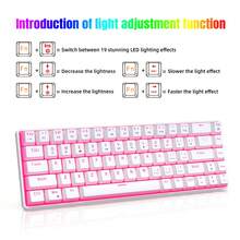Portable 60% Percent Gaming Keyboard Mechanical, Mini Compact Pink Backlit 68 Keys Wired Office Keyboard With Red Switch For /Win - White/Pink Backlit/Red Switch - View 3