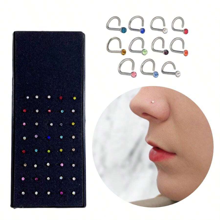 40 Steel Nostril Piercing Colorful Rhinestone Stones 1 Box - 七彩寶石 - 查看 1