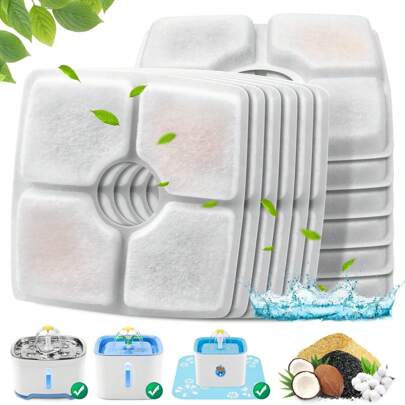 4/8/12/16 件矩形猫饮水器替换过滤器 + U 形/矩形预过滤海绵套件，适合 80 盎司/2.5 升/2.4 升宠物饮水器，三重过滤系统活性炭过滤器，适用于猫狗饮水机