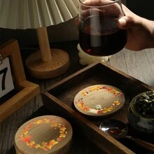 1pc Autumn-Themed Hand-Painted Bamboo Cup Coaster With Leaves And Wreath Design, Heat-Resistant, Waterproof, Minimalist Decor With Festival Art Elements For Home Decoration - Multicolor - View 6