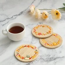 1pc Autumn-Themed Hand-Painted Bamboo Cup Coaster With Leaves And Wreath Design, Heat-Resistant, Waterproof, Minimalist Decor With Festival Art Elements For Home Decoration - Multicolor - View 4