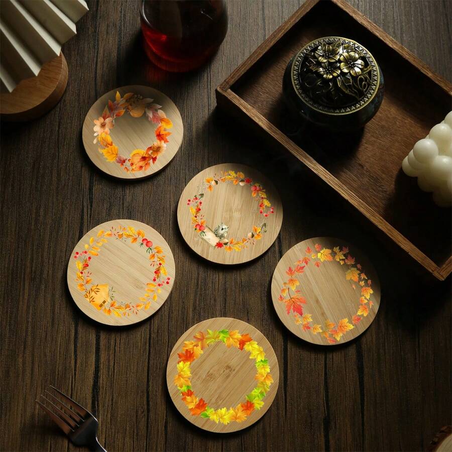 1pc Autumn-Themed Hand-Painted Bamboo Cup Coaster With Leaves And Wreath Design, Heat-Resistant, Waterproof, Minimalist Decor With Festival Art Elements For Home Decoration - Multicolor - View 1