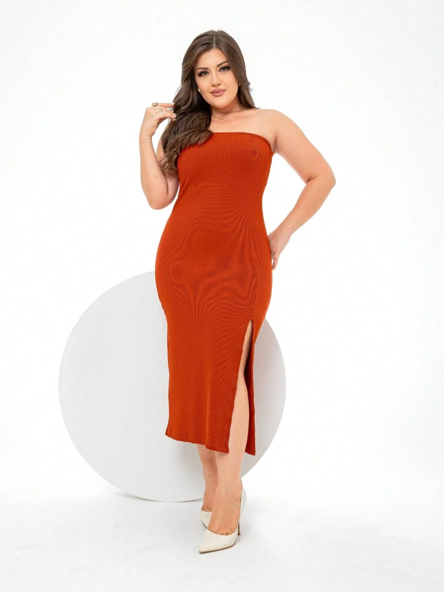 Vestido Midi Plus Size Tomara Que Caia Fenda Frontal PAZME - Laranja Queimado - Visão 1