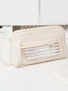 1pc Large Capacity Clear Macaron Portable Transparent Stationery Pen Bag, Fabric Convenient Multi-Layer Desktop Stationery Storage Bag, Can Be Used To Store Pen Ruler Notes, Etc., Campus Series Zipper Large Opening Multi-Functional Pencil Case Cosmetics Storage Bag,Pencil Pouch,School Bag